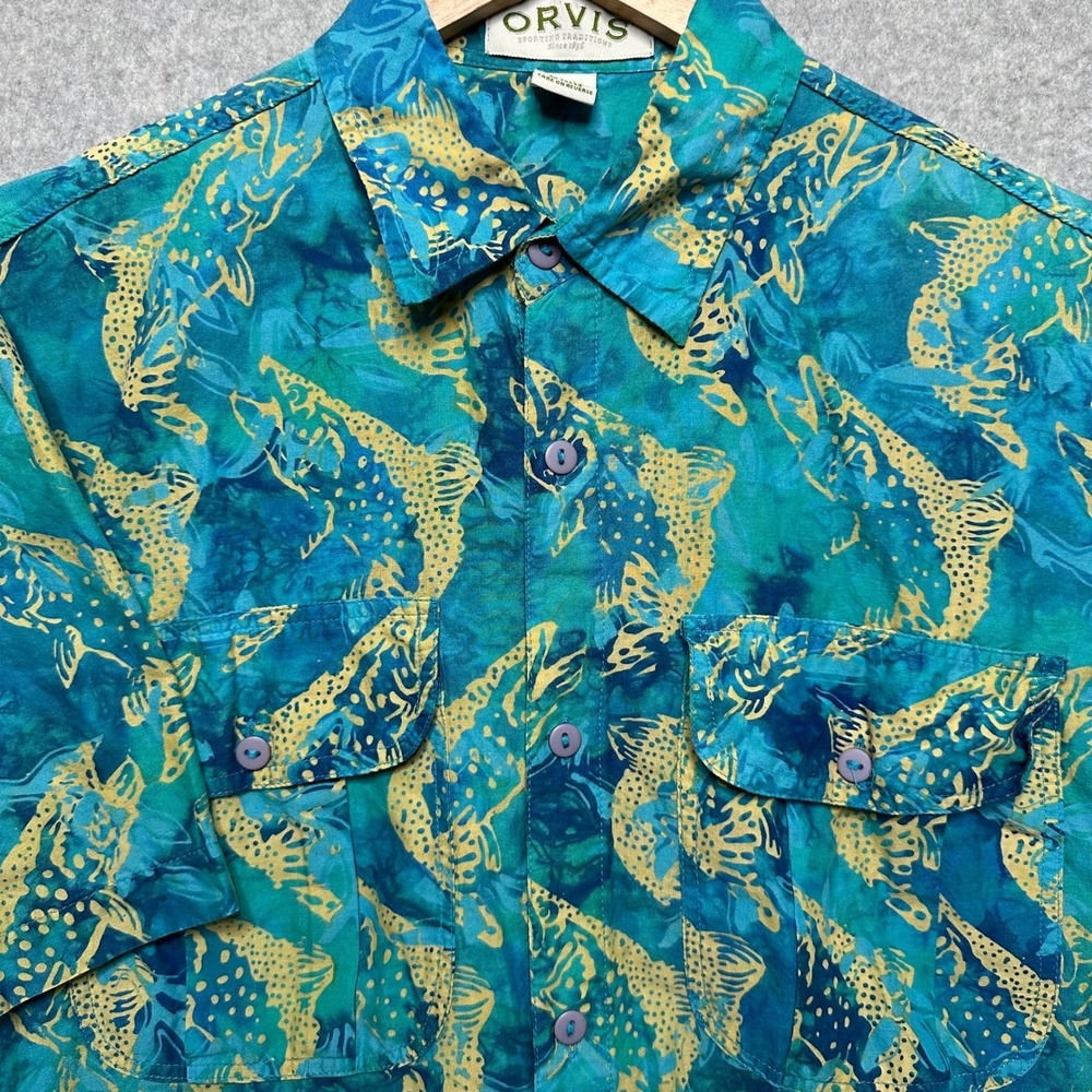 Orvis Mens Large Short Sleeve Cotton Button Down Shirt Teal Trout Fish Print L